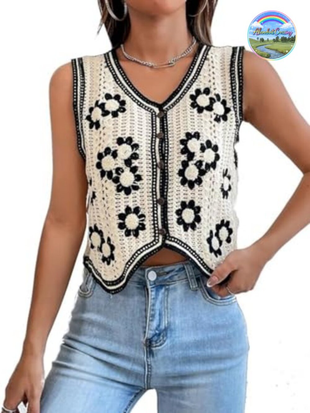 Sleeveless Crochet Plaid Checkered Knit Sweater Vest Button Front V Neck